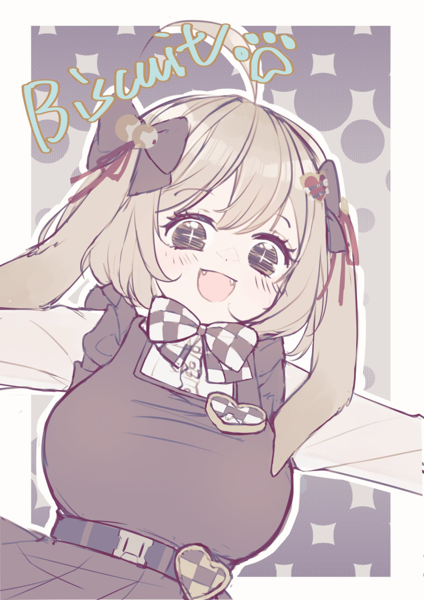 +_+, 1girl, :d, ahoge, animal_ears, belt, biscuit_(nikke), black_dress