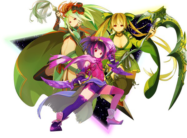 3girls, cape, cindy_magus, dagger, dual_wielding, final_fantasy, final_fantasy_dimensions_ii, full_body, hair_ornament, holding, holding_weapon, knife, magus_sisters, mindy_magus, multiple_girls, polearm, sandy_magus, scythe, siblings, sisters, spear, standing, weapon