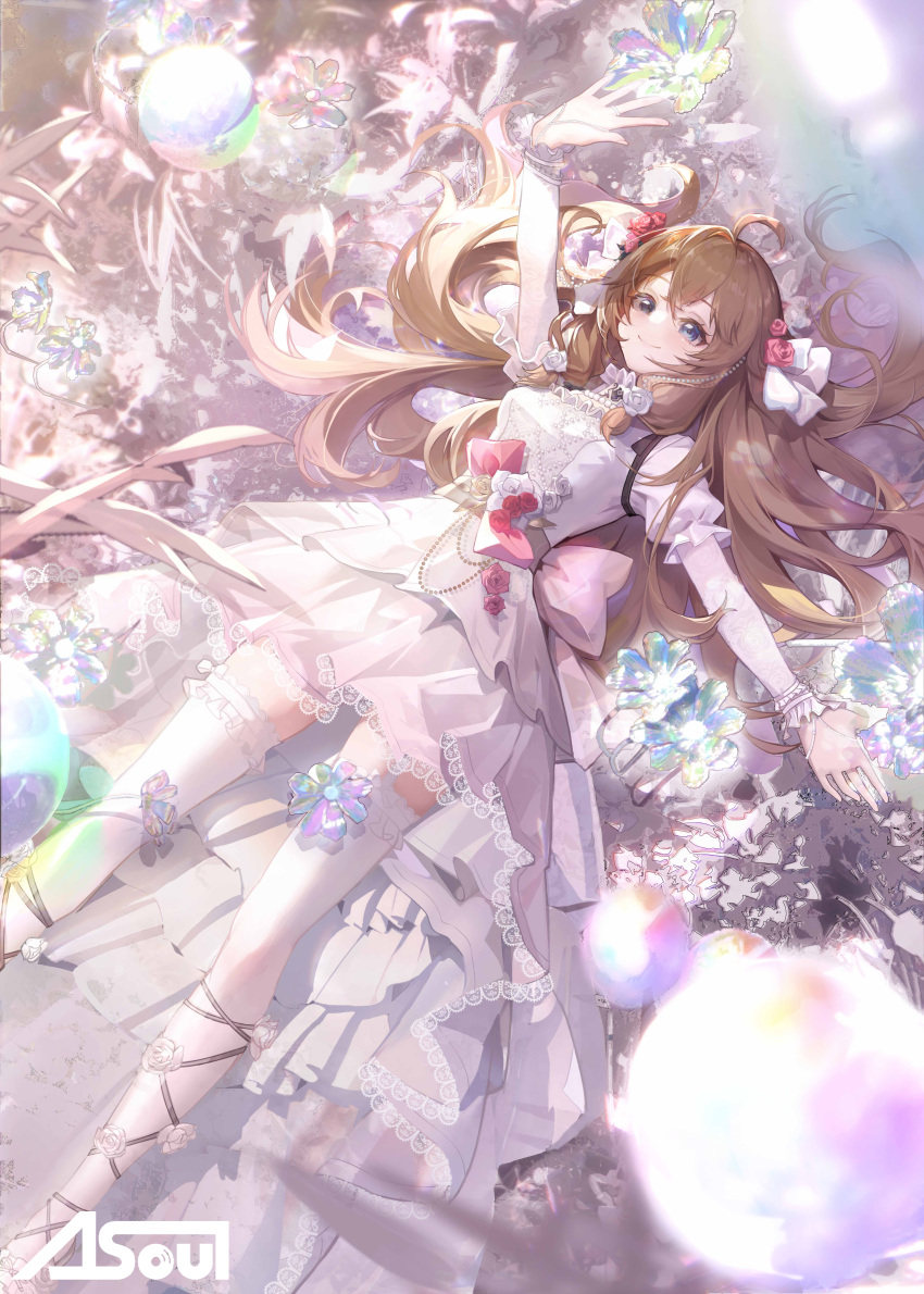 1girl, a-soul, absurdres, ahoge, back_bow, blue_eyes, bow, brown_hair