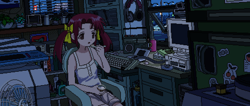 1girl, anbiyori, black_hair, bow, braid, computer, eating, electric_fan, keyboard_(computer), original, pixel_art, short_shorts, shorts, twin_braids, vest, white_vest, yellow_bow