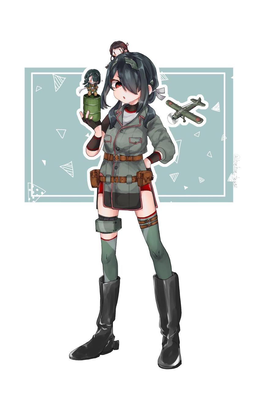 3girls, aircraft, aircraft_request, airplane, asymmetrical_legwear, belt, belt_pouch, black_footwear