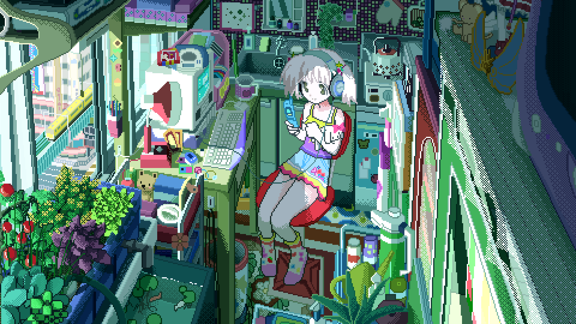 1girl, anbiyori, aquarium, camisole, cellphone, chair, computer, cup