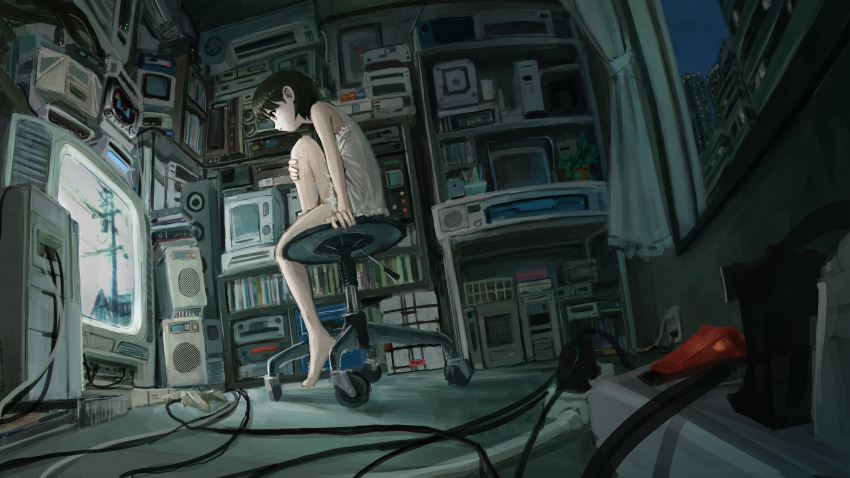 1girl, absurdres, air_conditioner, anbiyori, barefoot, black_hair, building, cd_case, computer, controller, crt, curtains, desk, feet, fisheye, foreshortening, game_console, game_controller, highres, indoors, mole, mole_under_eye, monitor, night, nightgown, original, power_strip, radio, shelf, short_hair, sitting, skyscraper, solo, speaker, stereo, stool, television, watching_television, window, wire