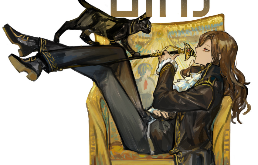 1girl, ascot, black_cat, black_coat, black_footwear, black_jacket, black_pants, brown_hair