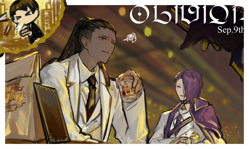 >_<, 3boys, astolfo_(project_moon), bag, black_hair, black_jacket, black_necktie, cape, character_name, chibi, collared_shirt, commentary_request, cup, dark-skinned_male, dark_skin, grey_eyes, hair_over_one_eye, holding, holding_cup, jacket, library_of_ruina, long_hair, long_sleeves, male_focus, multiple_boys, necktie, nishikujic, olivier_(library_of_ruina), open_clothes, open_jacket, open_mouth, paper_bag, ponytail, project_moon, purple_cape, purple_hair, purple_necktie, roland_(library_of_ruina), shirt, short_hair, smile, sneezing, vest, violet_eyes, white_jacket, white_shirt, white_vest