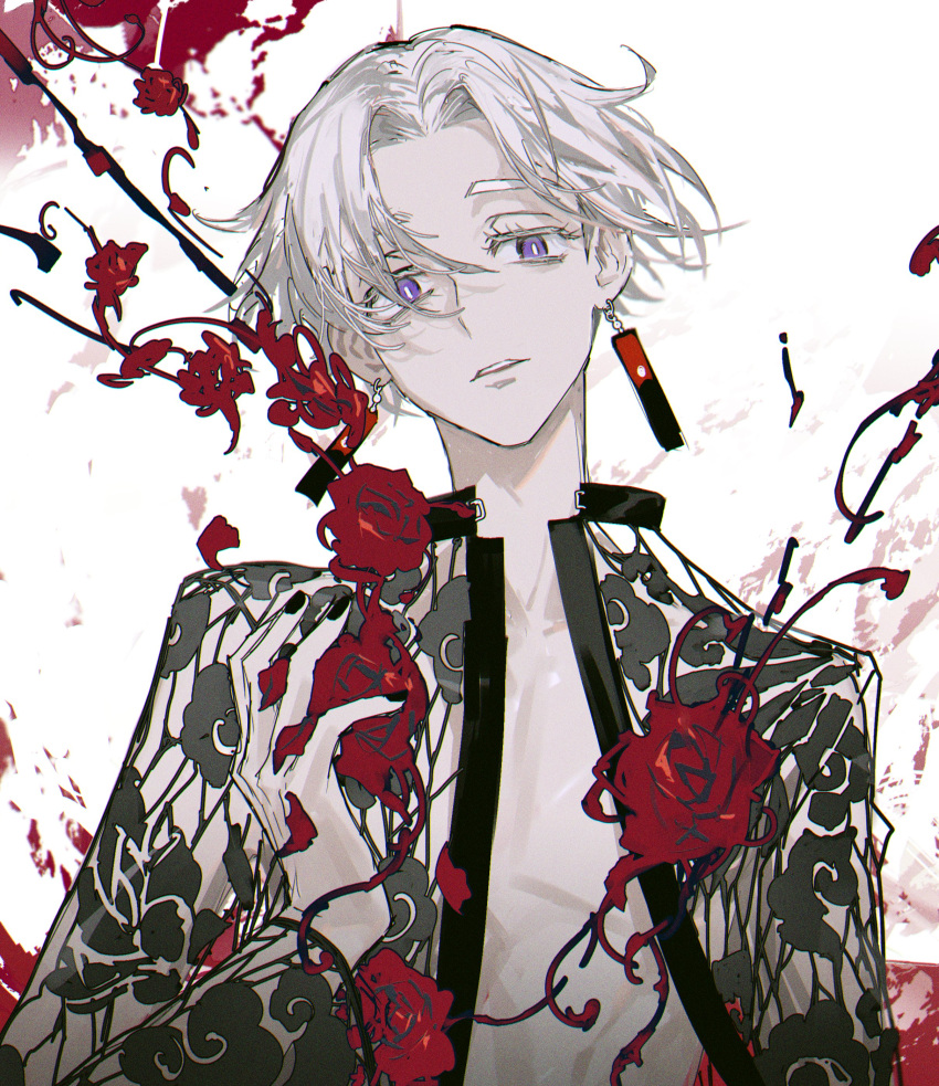 1boy, absurdres, black_jacket, black_nails, colored_eyelashes, earrings, flower, hanafuda_earrings
