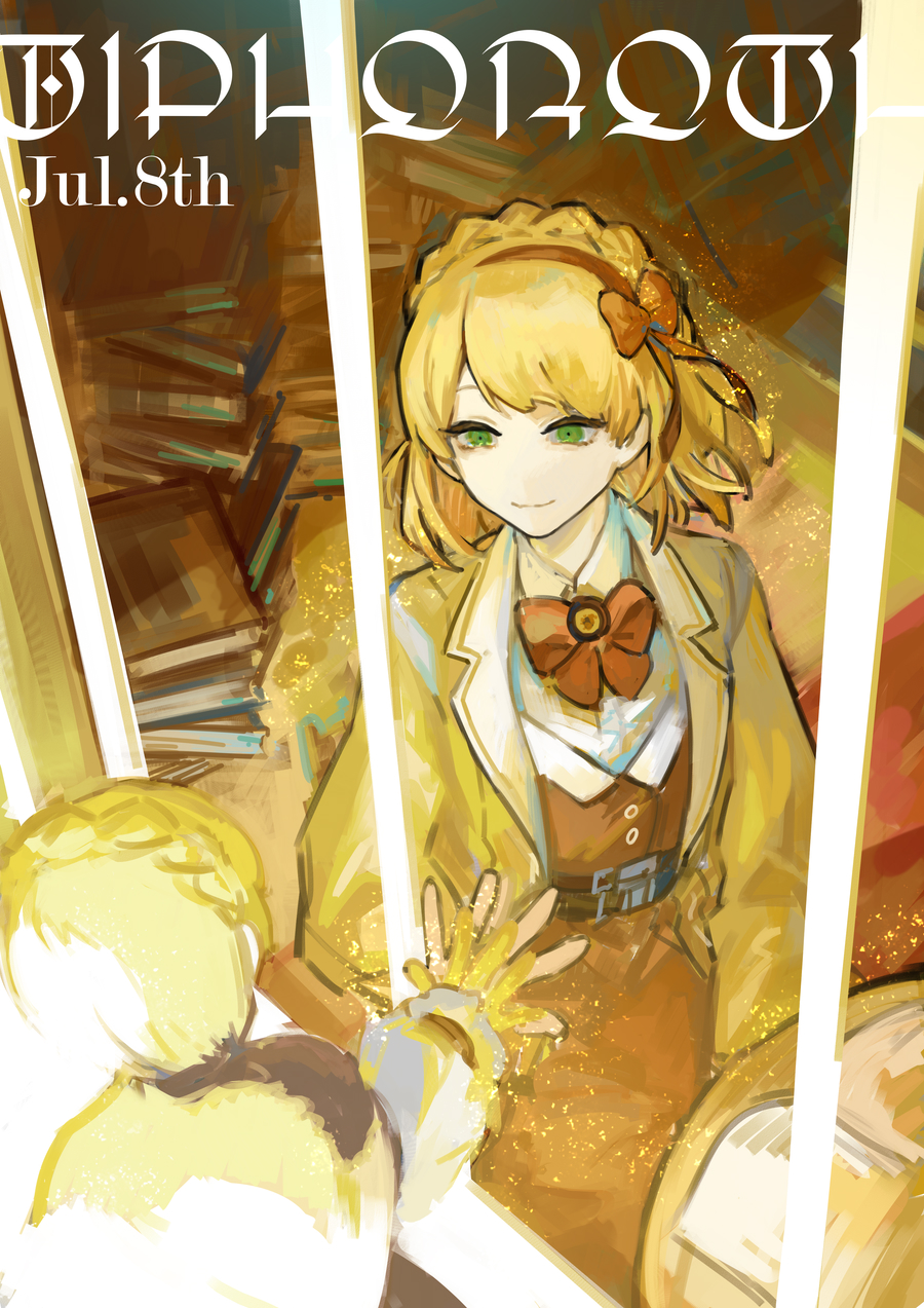 1boy, 1girl, belt, blonde_hair, book, book_stack, braid, brown_belt