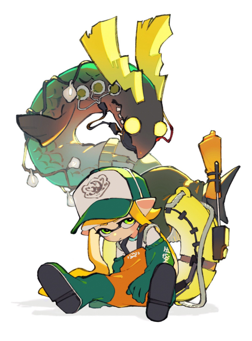 1girl, baseball_cap, blank_eyes, boots, crooked_teeth, domino_mask, electrodes, gloves