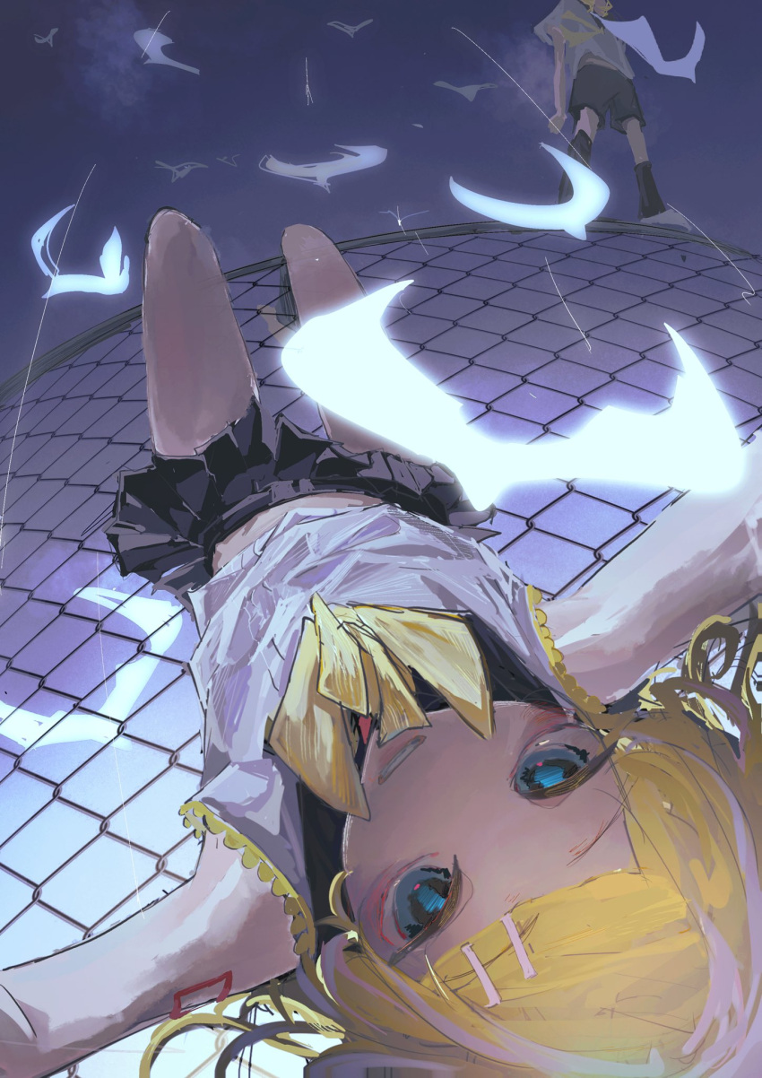 1girl, bare_shoulders, blonde_hair, blue_eyes, bow, brother_and_sister, chain-link_fence, clouds