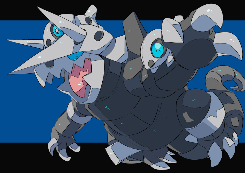 45_(maruyaki45), absurdres, aggron, aron, black_background, black_eyes, blue_background, blue_sclera, claws, colored_sclera, fangs, full_body, hands_up, highres, horns, looking_ahead, looking_at_viewer, on_head, open_mouth, pokemon, pokemon_(creature), pokemon_on_arm, pokemon_on_head, skin_fangs, tail, tongue