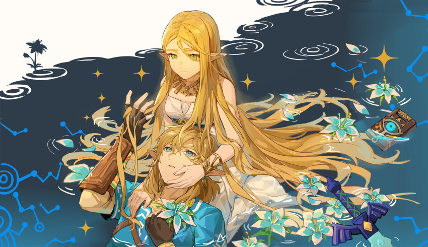 1boy, 1girl, black_gloves, blonde_hair, blue_eyes, blue_shirt, champion's_tunic_(zelda), closed_mouth, commentary_request, dress, fingerless_gloves, flower, gloves, green_eyes, hair_between_eyes, hand_in_another's_hair, highres, holding, holding_flower, jewelry, lap_pillow, link, long_hair, looking_at_another, master_sword, mixed-language_commentary, necklace, partially_submerged, pointy_ears, princess_zelda, princess_zelda_(botw), sheikah_slate, shirt, short_hair, silent_princess, sitting, strapless, strapless_dress, the_legend_of_zelda, the_legend_of_zelda:_breath_of_the_wild, very_long_hair, water, wet, white_dress, wufaxianshi_cnd