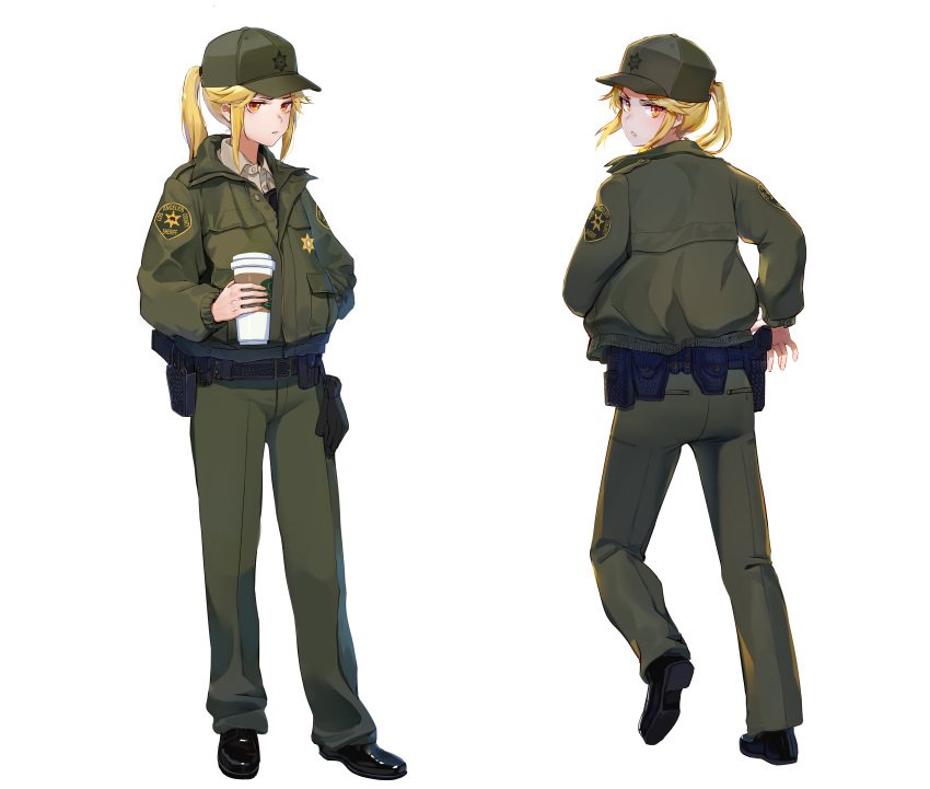 1girl, absurdres, baseball_cap, belt, black_belt, black_footwear, blonde_hair, brown_eyes