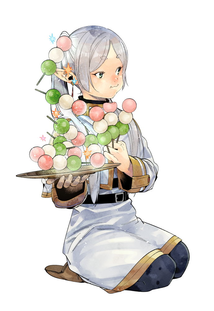 1girl, abe_tsukasa, boots, closed_mouth, dango, eating, elf, food