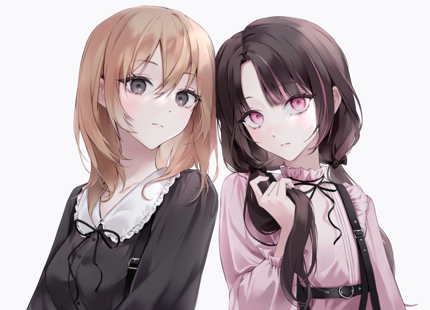 2girls, bbony_0_0, black_bow, black_eyes, black_ribbon, black_shirt, blonde_hair, bow