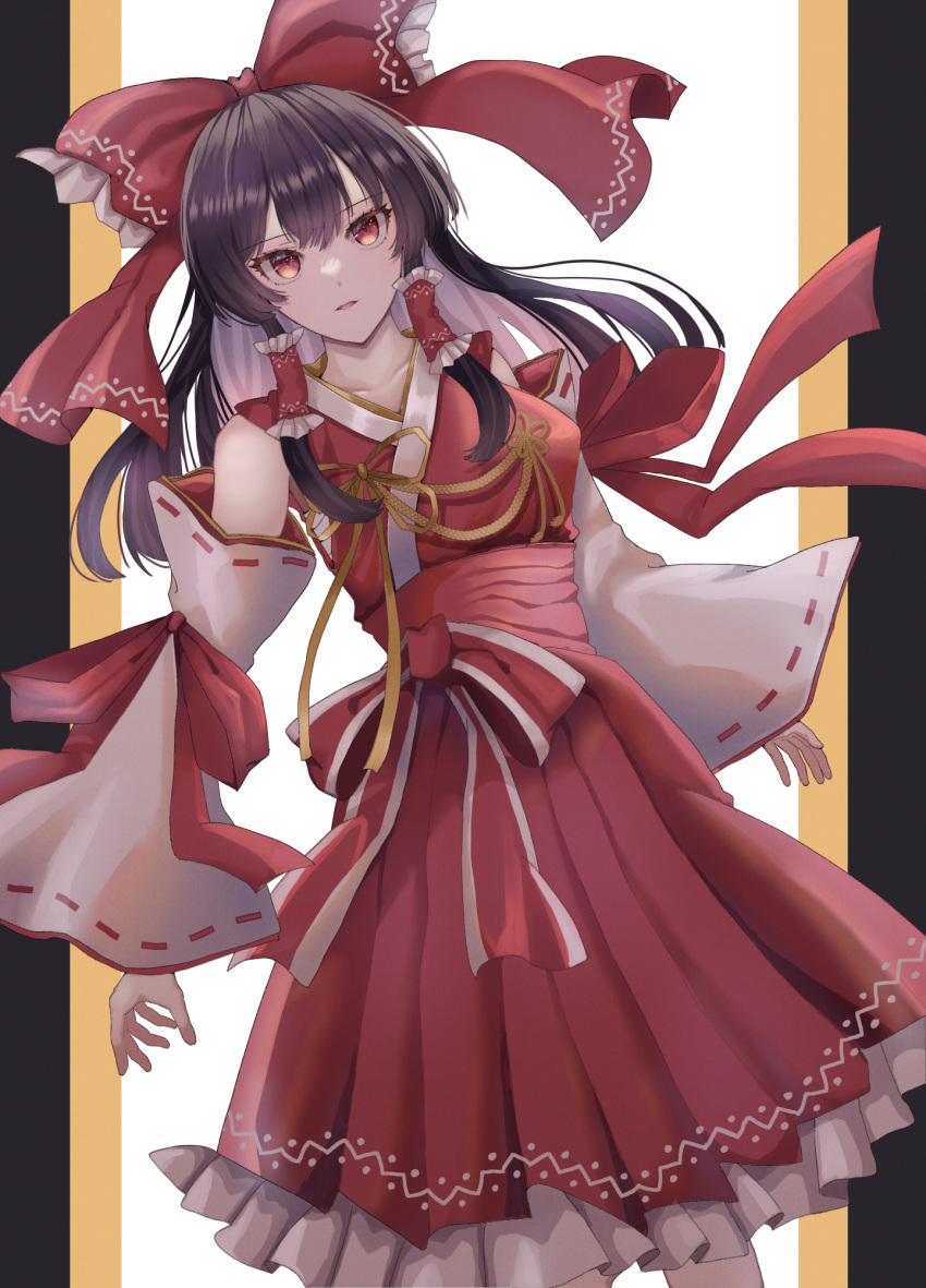1girl, black_hair, bow, collarbone, commentary, cowboy_shot, detached_sleeves, erisauria
