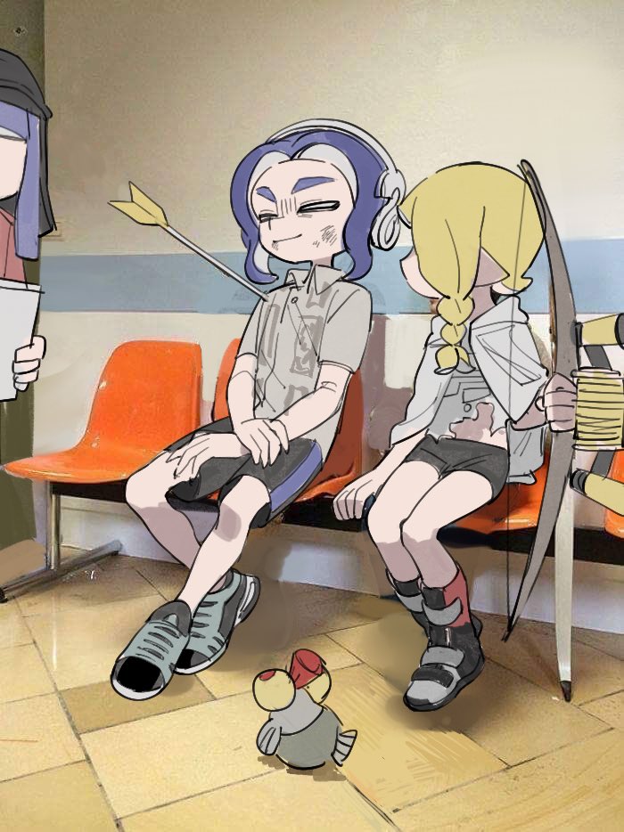 1boy, 1other, 2girls, arrow_in_body, asymmetrical_hair, black_shorts, blonde_hair, blunt_bangs, boots, bow_(weapon), braid, bruise, bruise_on_face, cape, closed_eyes, closed_mouth, colored_sclera, false_smile, father_shot_by_son_(meme), fish_boy, gomi20021021, grey_footwear, headphones, holding, holding_bow_(weapon), holding_weapon, hospital, impaled, injury, meme, multiple_girls, octoling, octoling_boy, octoling_girl, pain, pointy_ears, purple_hair, red_eyes, redhead, salmonid, shirt, shoes, shorts, single_braid, single_vertical_stripe, sitting_on_bench, smallfry_(splatoon), smile, sneakers, splatoon_(series), splatoon_3, tentacle_hair, tentacles, torn_clothes, torn_shirt, tri-stringer_(splatoon), waiting_room, weapon, wince, yellow_sclera
