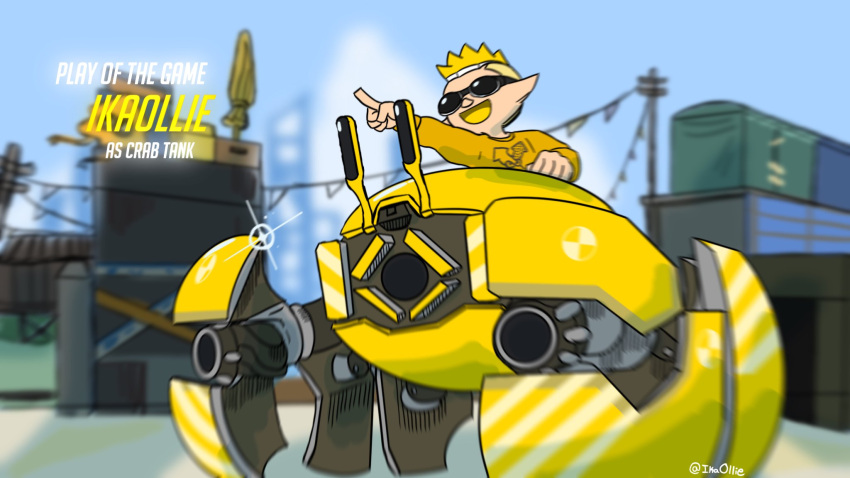 1boy, blonde_hair, blue_sky, blurry, blurry_background, cable, canons, crab_tank_(splatoon), dock, highres, ikaollieart, inkling, inkling_boy, mecha, overwatch, parody, pointing, pointing_forward, pointy_ears, robot, sky, smile, solo, spiky_hair, splatoon_(series), splatoon_3, sunglasses, sweater, tentacle_hair, utility_pole, wrecking_ball_(overwatch), yellow_sweater