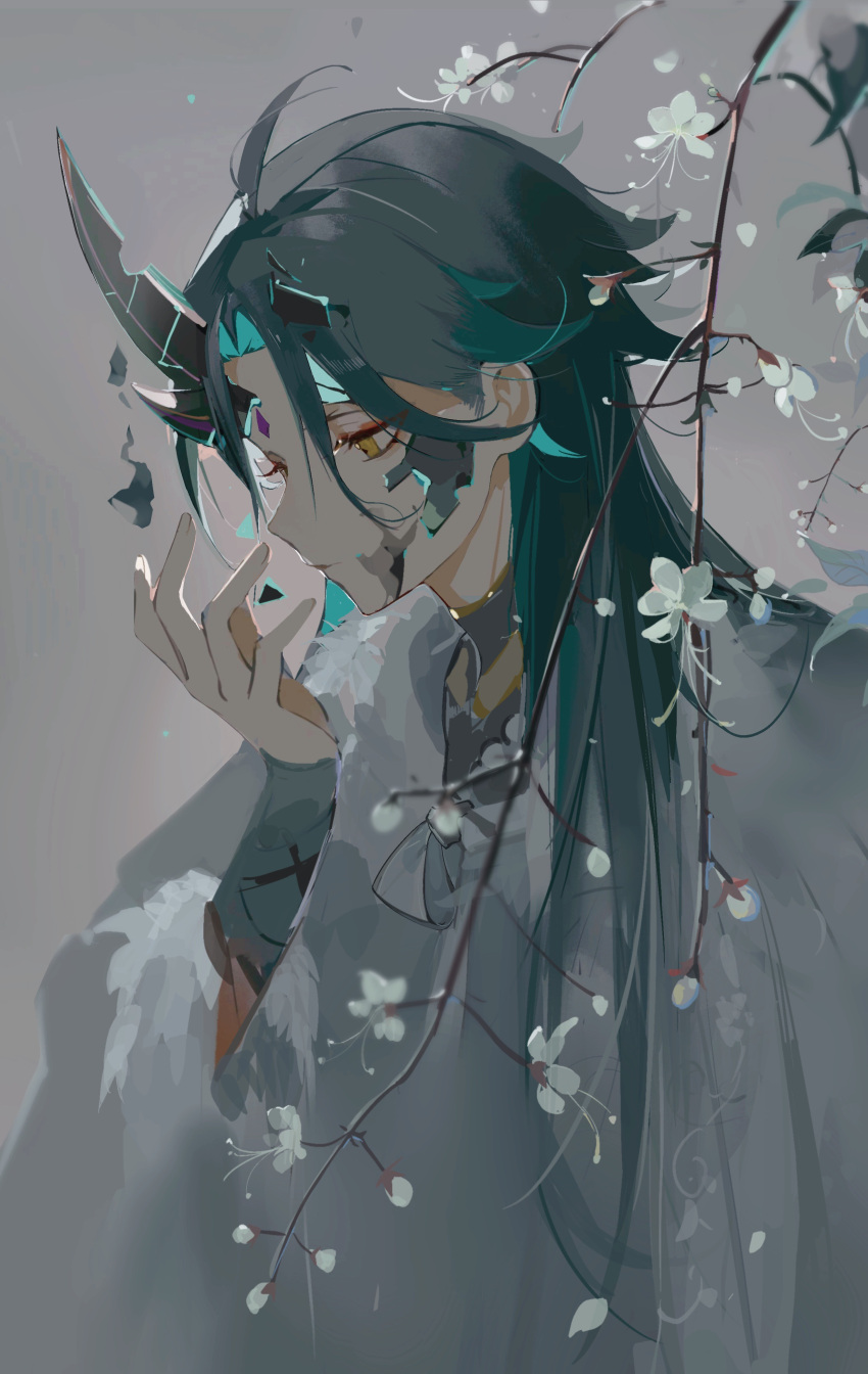 1boy, absurdres, black_hair, broken, chinese_clothes, facial_mark, forehead_mark, genshin_impact