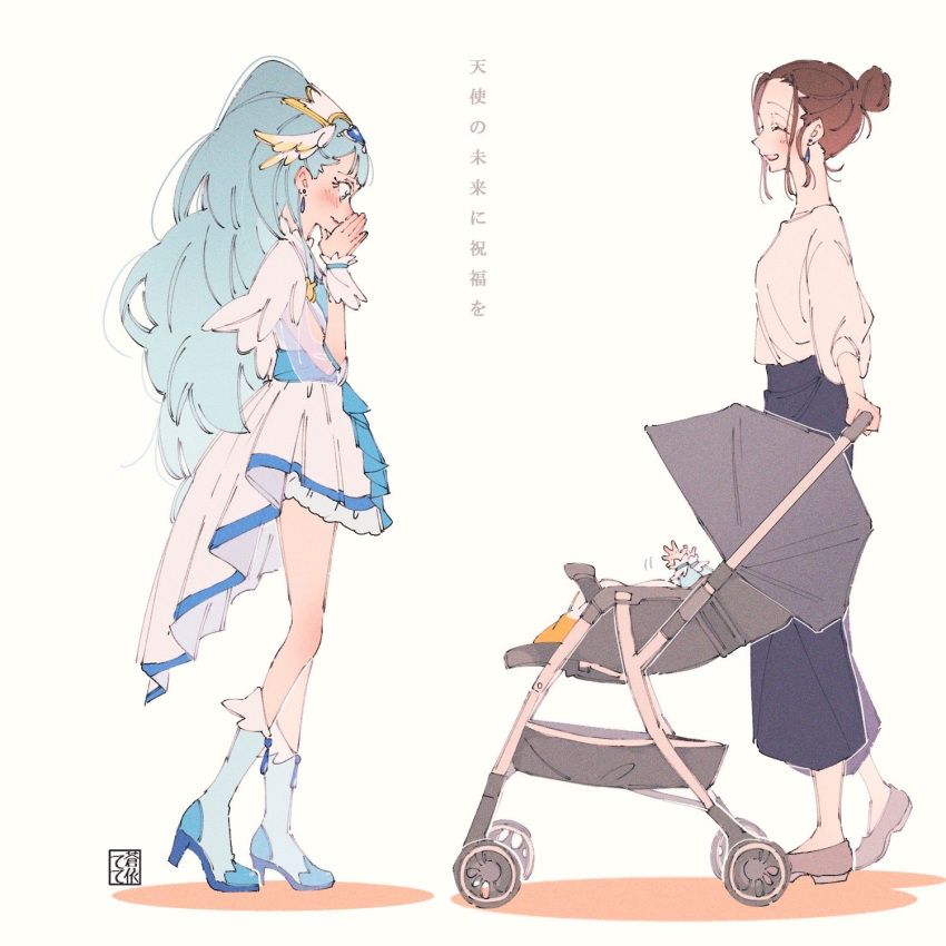 2girls, artist_request, baby, blue_eyes, blue_footwear, blue_hair, blush, boots