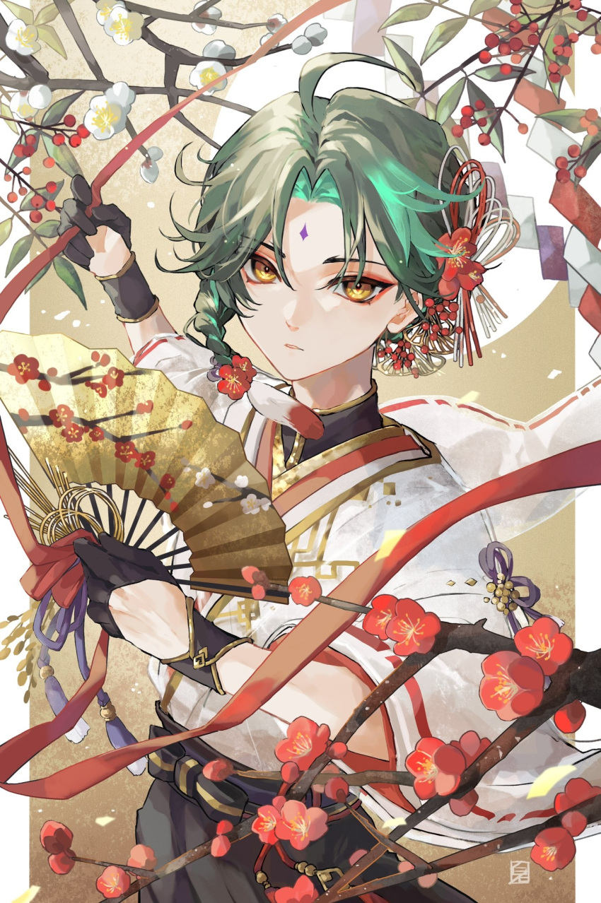 1boy, ahoge, alternate_costume, alternate_hairstyle, black_gloves, black_hair, facial_mark, forehead_mark, genshin_impact, gloves, green_hair, hand_fan, highres, holding, holding_fan, jewelry, looking_at_viewer, male_focus, multicolored_hair, red_eyeliner, shiraishi_(siraisi00), solo, third-party_source, traditional_media, xiao_(genshin_impact), yellow_eyes