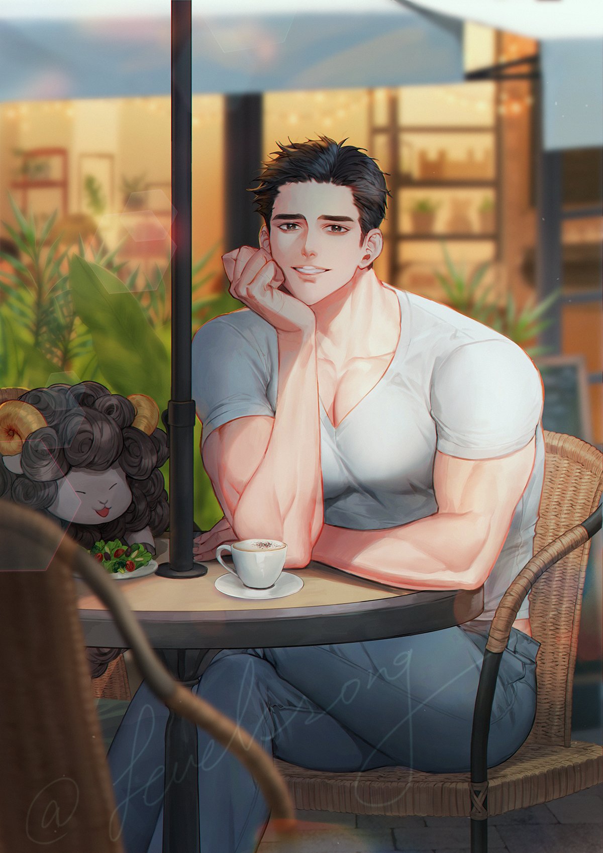 1boy, black_eyes, black_hair, cafe, coffee, denim, hand_on_own_cheek, hand_on_own_face, highres, jeans, looking_at_viewer, male_focus, muscular, muscular_male, original, pants, pet, plant, salad, shirt, smile, ssong-ga, umbrella, white_shirt