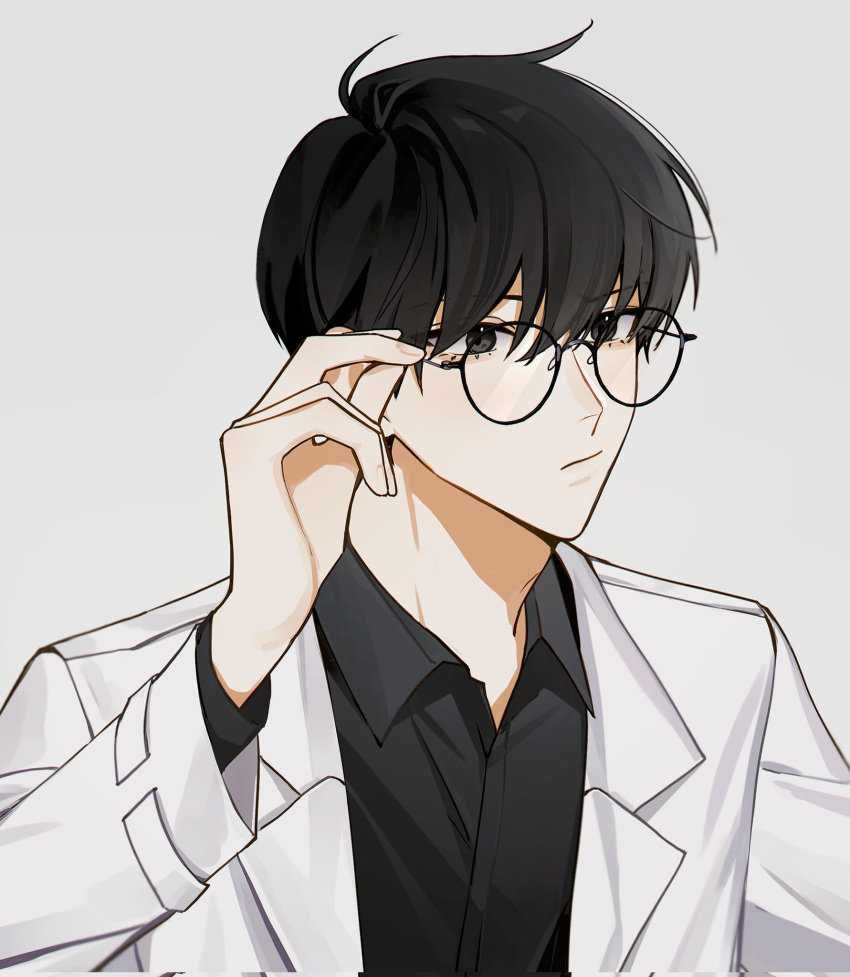1boy, black_eyes, black_hair, black_shirt, closed_mouth, glasses, highres, jacket