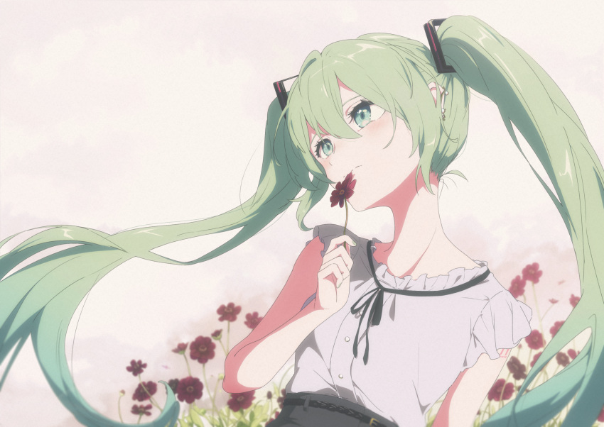 1girl, bare_arms, commentary_request, cosmos_(flower), earrings, floating_hair, flower, green_eyes, green_hair, grey_shirt, hair_between_eyes, hatsune_miku, highres, holding, holding_flower, jewelry, long_hair, looking_to_the_side, outdoors, partial_commentary, pre_sktch, red_flower, shirt, sleeveless, sleeveless_shirt, solo, twintails, upper_body, valentine, very_long_hair, vocaloid