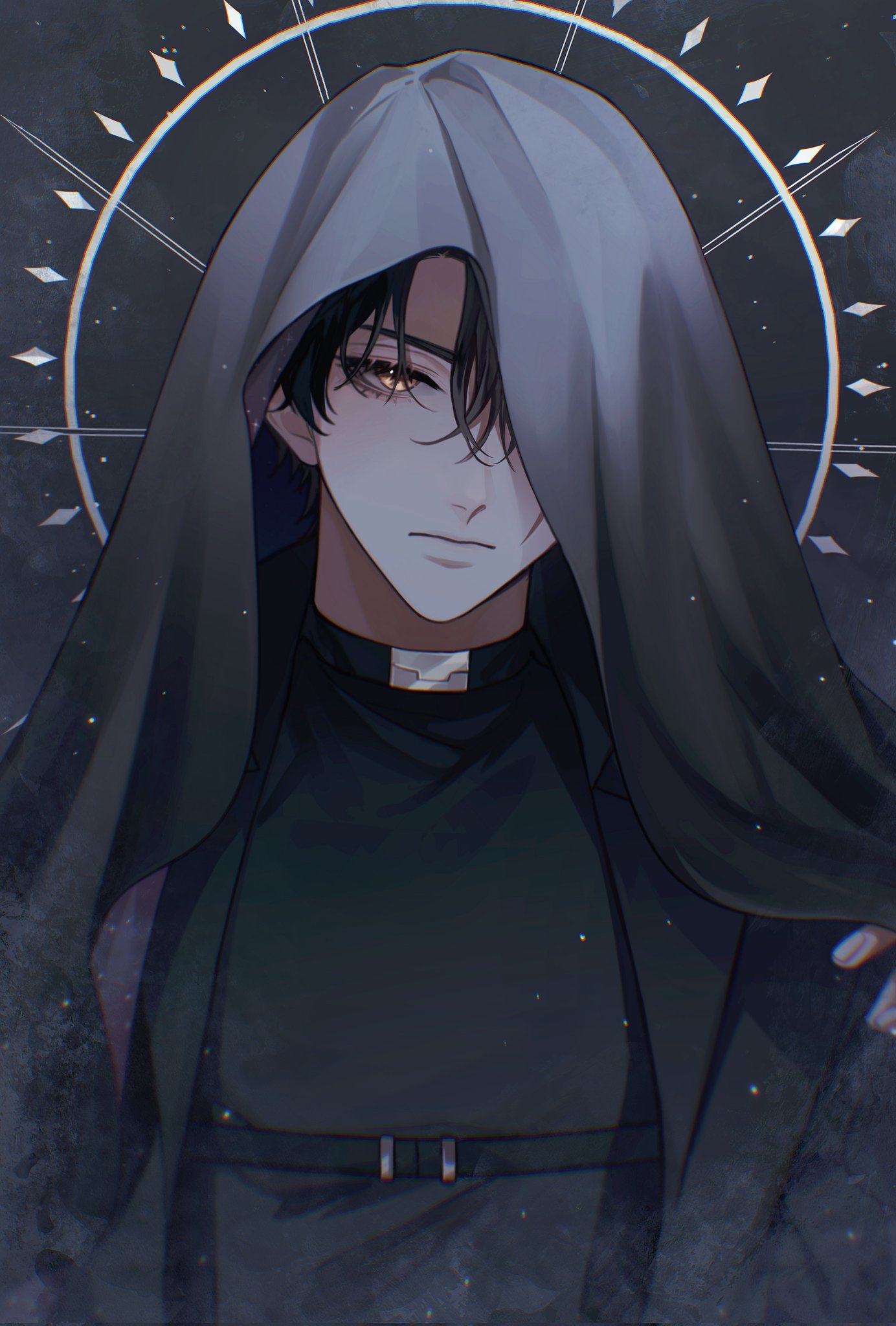 1boy, black_jacket, black_shirt, closed_mouth, collared_shirt, covering_head, expressionless, halo