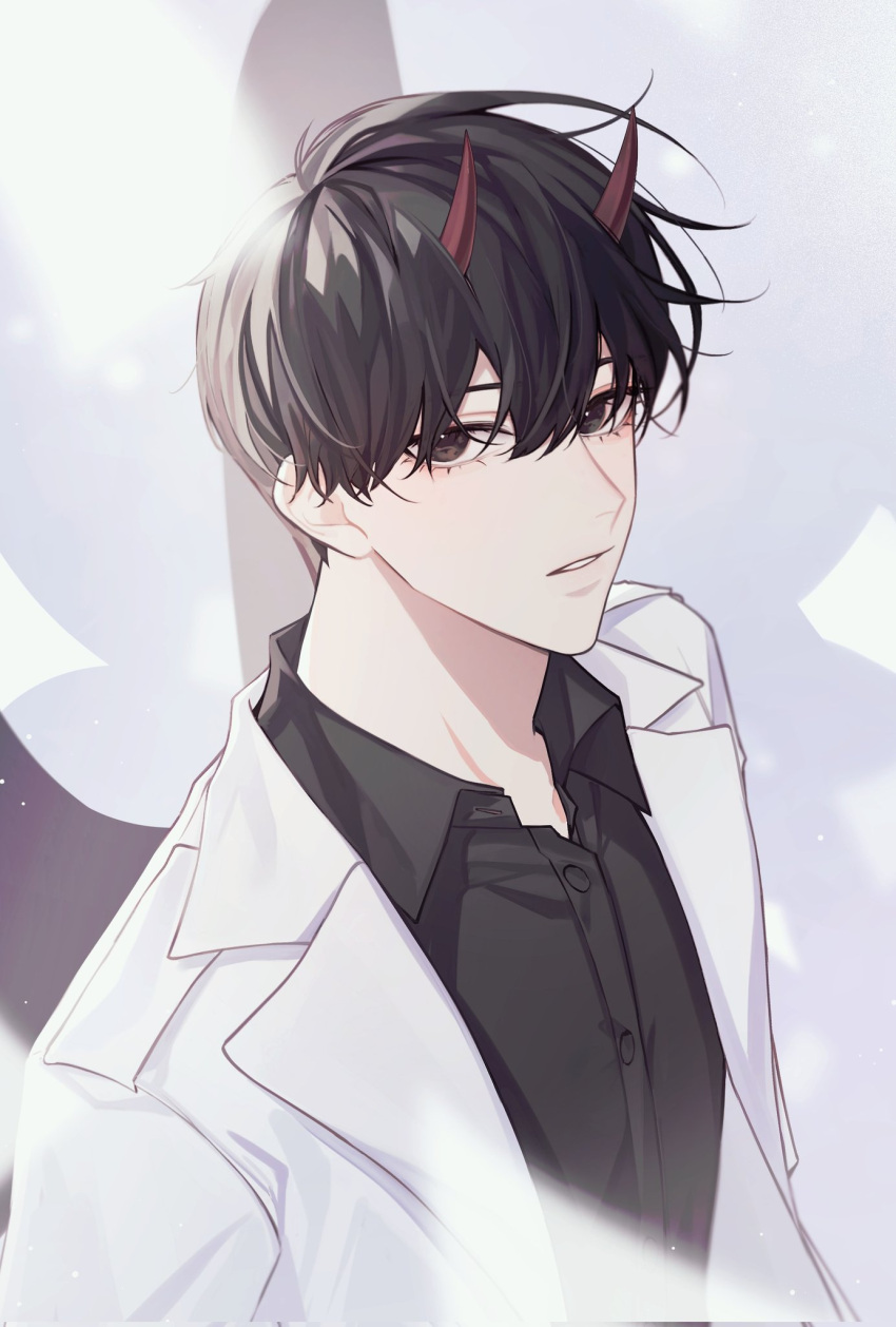 1boy, black_eyes, black_hair, black_shirt, black_wings, demon_horns, highres, horns
