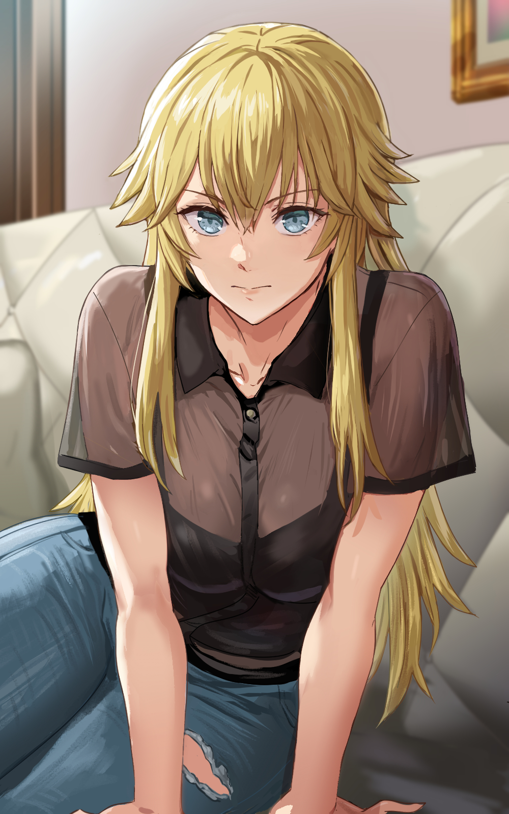 1girl, arm_support, black_shirt, blonde_hair, blue_eyes, blue_pants, breasts, brown_shirt
