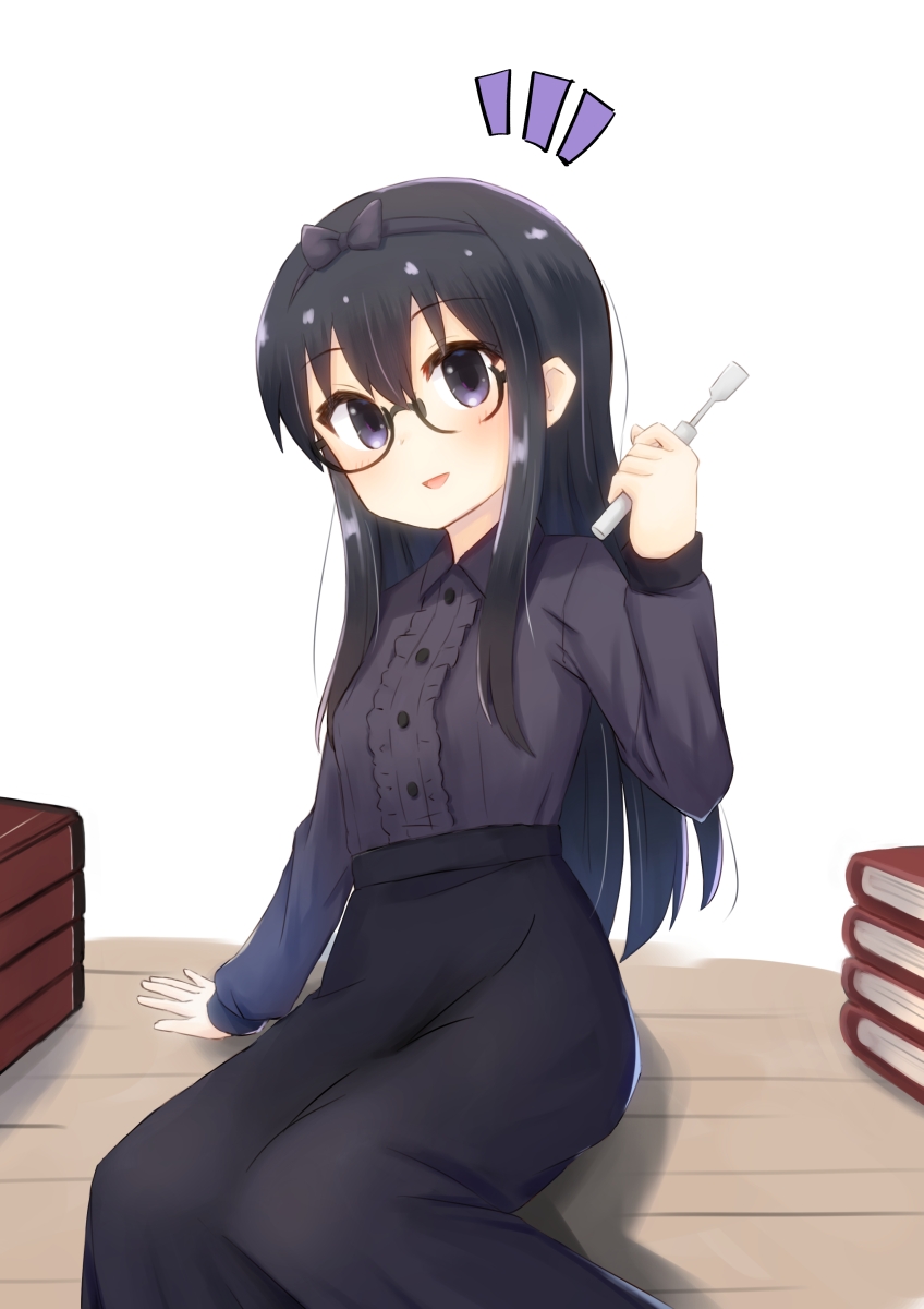 1girl, black_hair, black_skirt, blue_eyes, blush, book, bow, breasts