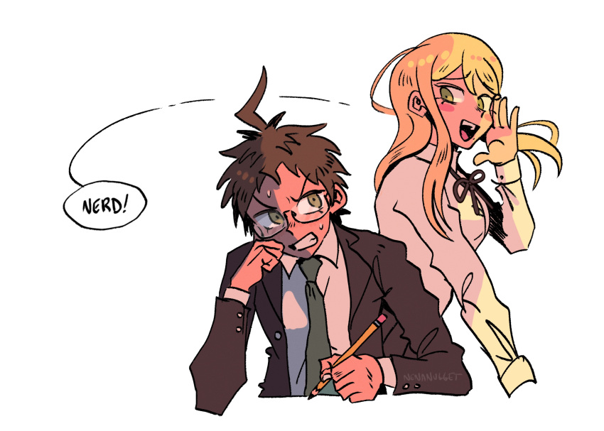 1boy, 1girl, :d, ahoge, black_jacket, black_ribbon, blonde_hair, blush_stickers