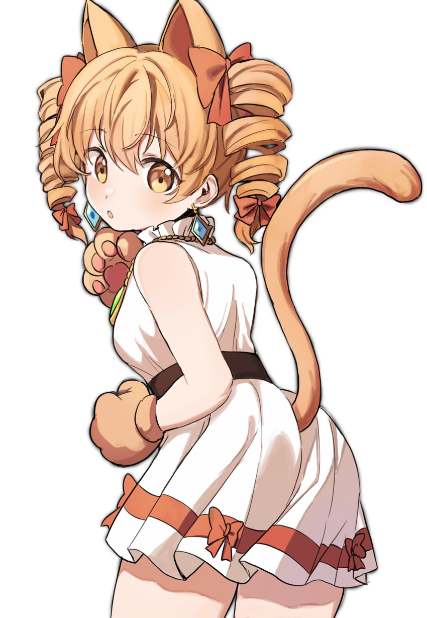 1girl, animal_ears, animal_hands, cat_ears, cat_paws, cat_tail, commentary, cowboy_shot, dress, drill_locks, earrings, from_behind, highres, jewelry, looking_at_viewer, looking_back, medium_hair, open_mouth, orange_eyes, orange_hair, pendant, simple_background, solo, standing, sweetpotatojelly, tail, touhou, two_side_up, white_background, white_dress, yorigami_jo'on