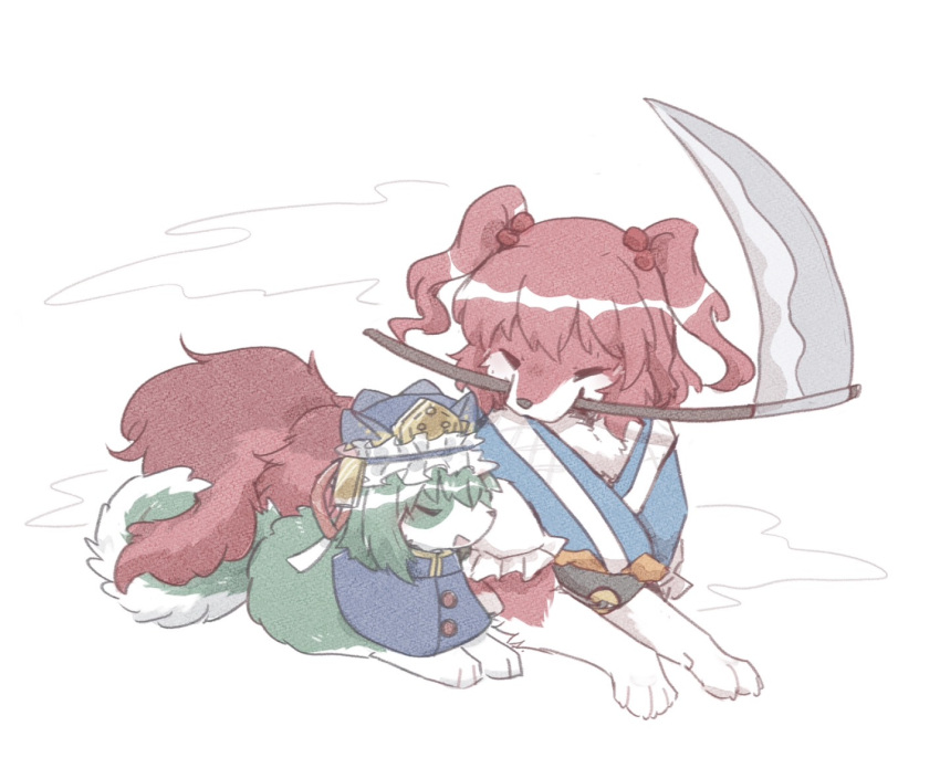 animalization, blue_capelet, blue_headwear, capelet, closed_eyes, coin, commentary_request, dog, full_body, hair_bobbles, hair_ornament, haneko0216, no_humans, obi, onozuka_komachi, open_mouth, sash, scythe, shiki_eiki, simple_background, tail, touhou, two_side_up, white_background