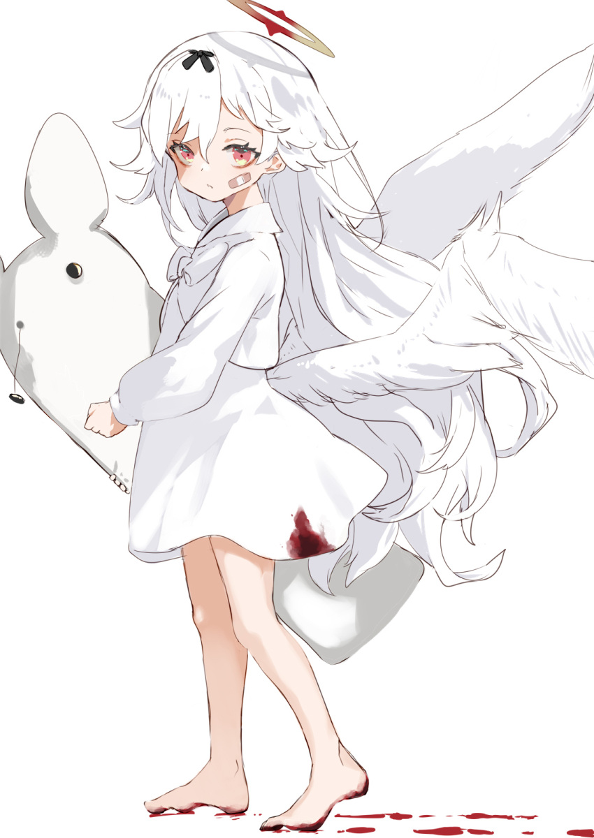 1girl, angel, angel_wings, barefoot, blood, blood_on_clothes, blood_on_feet, blood_on_ground, dress, full_body, halo, highres, long_hair, long_sleeves, looking_at_viewer, original, red_eyes, shiromiso, stuffed_animal, stuffed_toy, very_long_hair, white_background, white_dress, white_hair, white_theme, white_wings, wings
