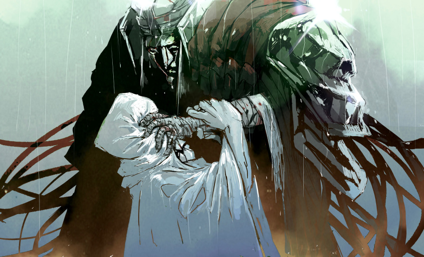 1boy, 1other, absurdres, bandaged_arm, bandaged_hand, bandages, blood, blood_on_bandages, blue_archive, colored_skin, face_grab, glint, grey_background, hand_up, hands_up, height_difference, highres, holding_another's_wrist, hood, hood_up, hooded_robe, mask, mzno32, nameless_priest_(blue_archive), phrenapates_(blue_archive), rain, robe, spoilers, struggling, upper_body, white_robe, white_skin