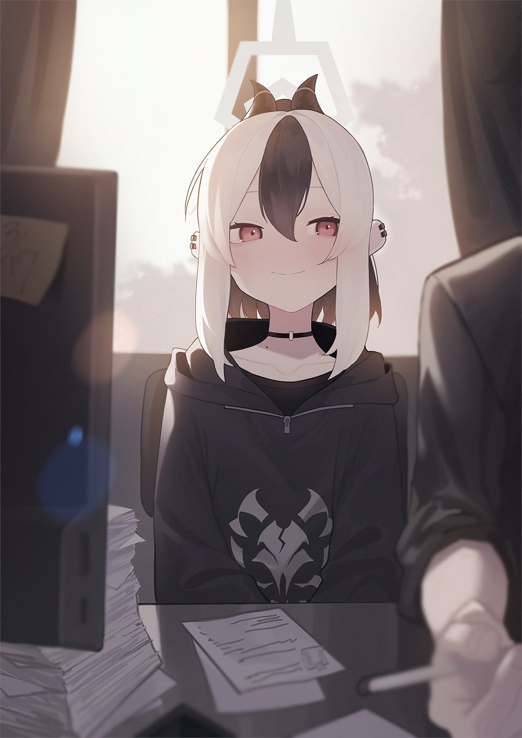1boy, 1girl, backlighting, black_choker, black_hair, black_hoodie, black_shirt, blue_archive