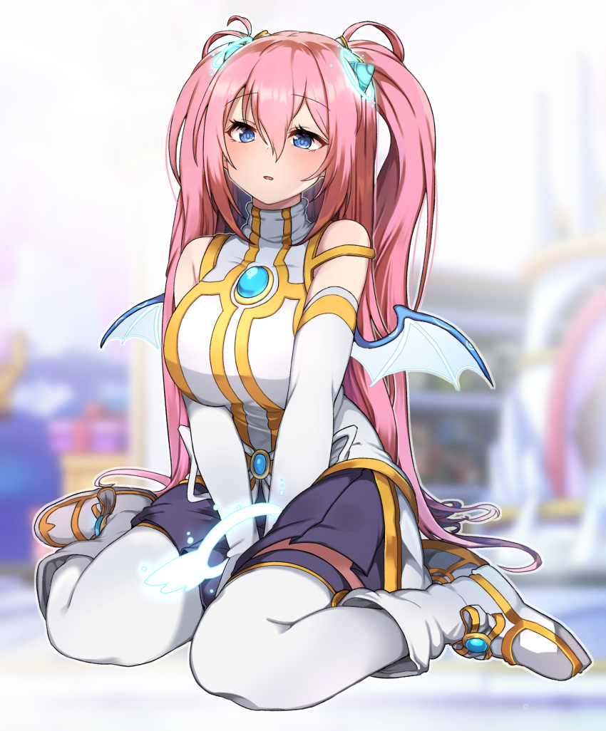1girl, absurdres, angelic_buster, bare_shoulders, between_legs, blue_eyes, blue_gemstone, blue_horns
