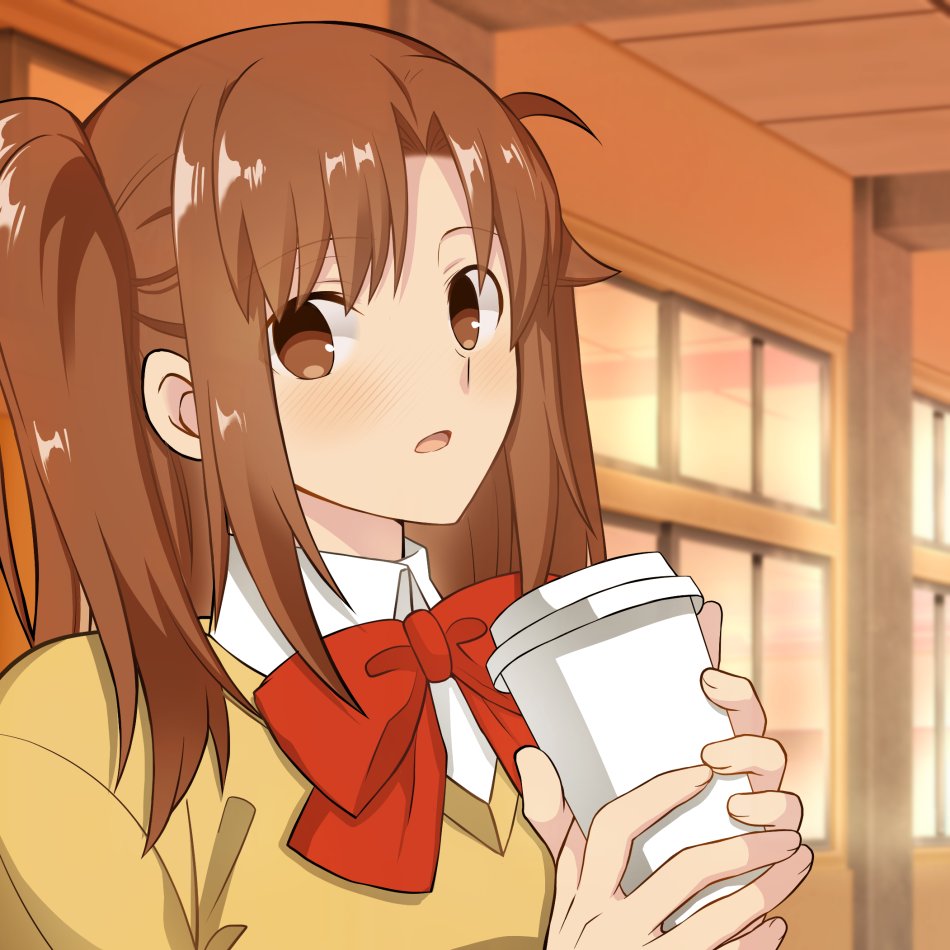 1girl, blush, bow, bowtie, brown_eyes, brown_hair, cardigan, collared_shirt