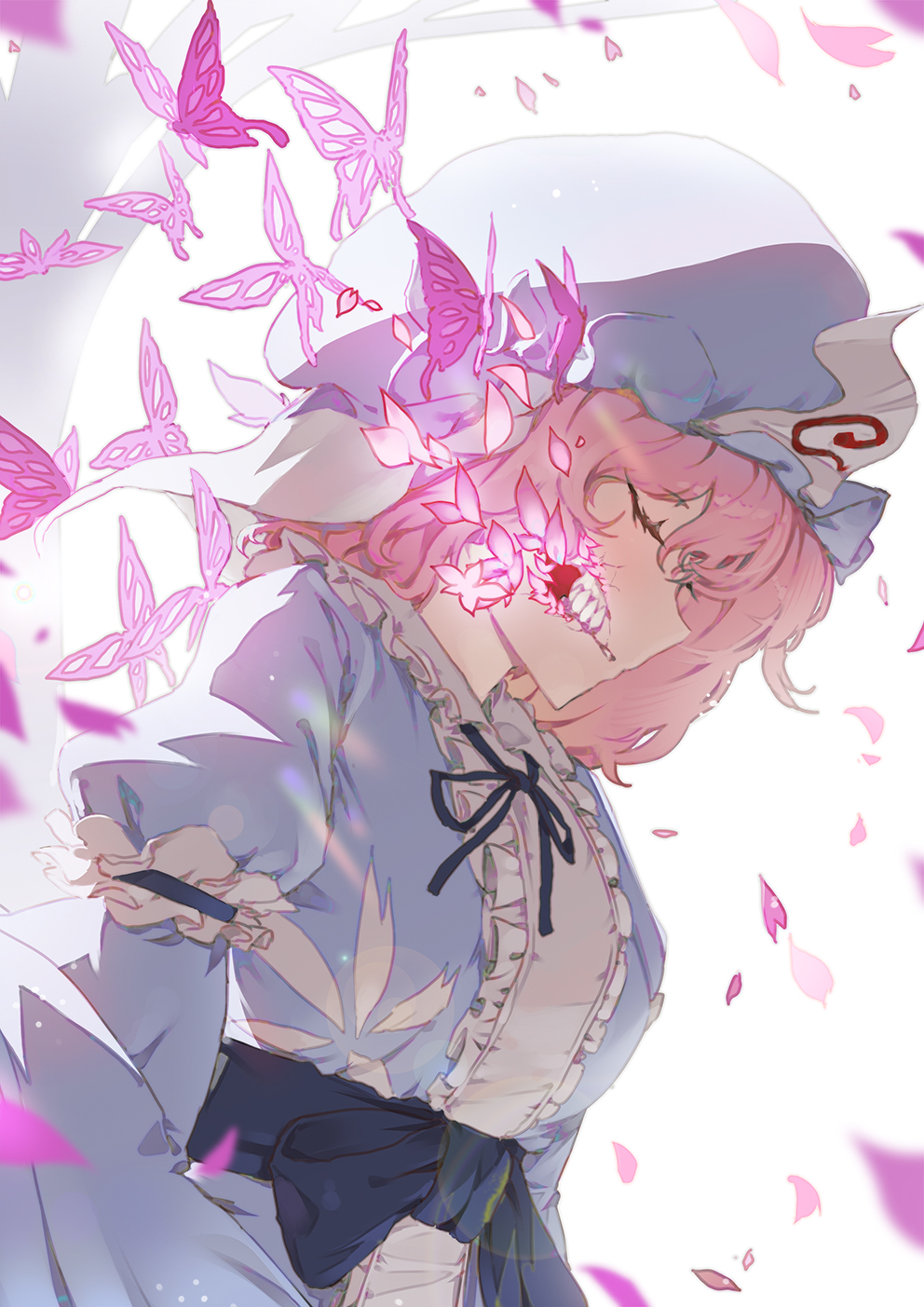 1girl, animal, blue_headwear, blue_kimono, bug, butterfly, closed_eyes, frilled_kimono