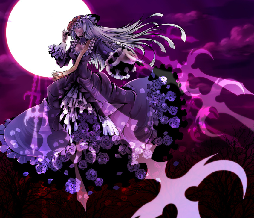 breasts, choker, cleavage, dress, flower, frills, full_moon, hat