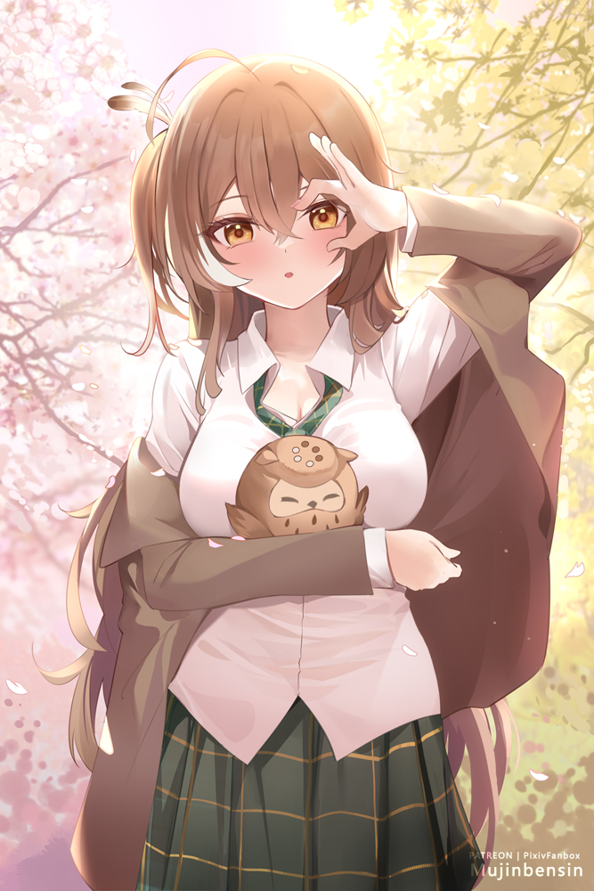 1girl, ahoge, branch, brown_cardigan, brown_eyes, brown_hair, cardigan, cherry_blossoms
