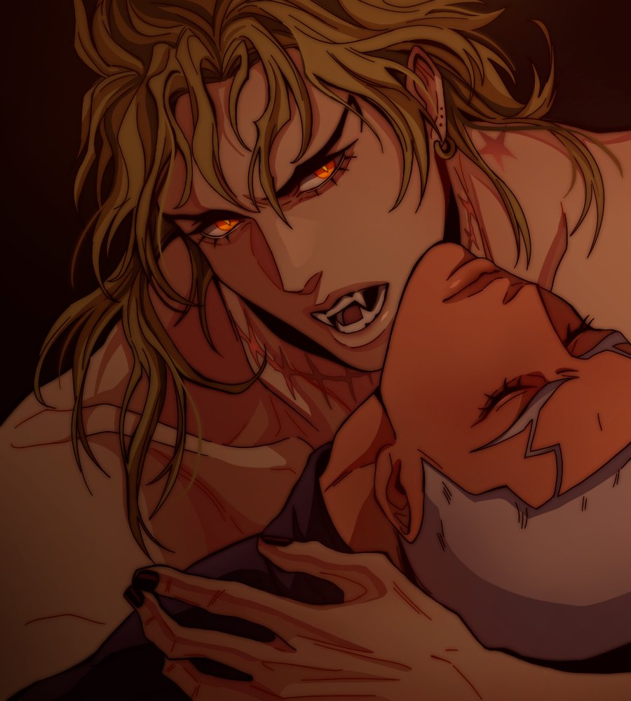 2boys, birthmark, black_nails, closed_eyes, dark-skinned_male, dark_skin, dio_brando, ear_birthmark