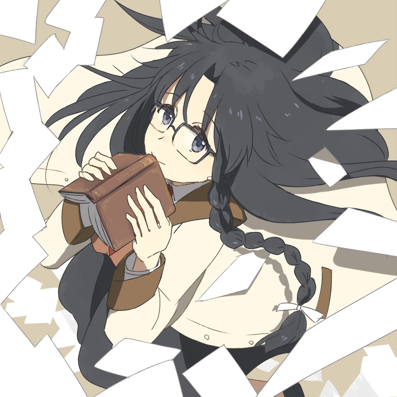 1girl, anko_(w-anco), black-framed_eyewear, black_hair, black_skirt, blue_eyes, book, book_to_mouth