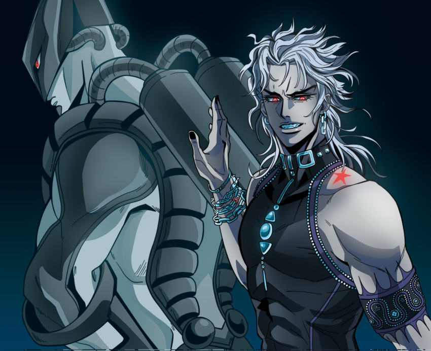 2boys, adapted_costume, armlet, bracelet, chain_earrings, dio_brando, fangs, glowing