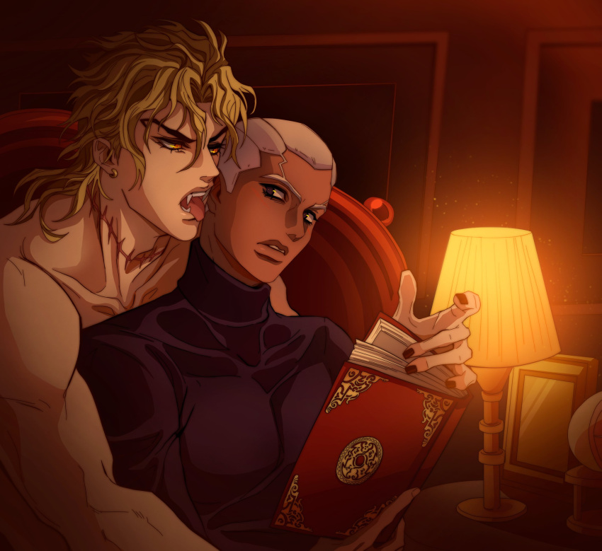 2boys, black_eyes, black_nails, book, dark-skinned_male, dark_skin, desk_lamp, dio_brando