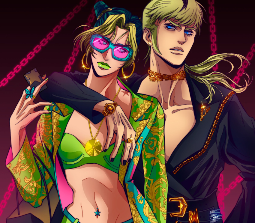 1boy, 1girl, alternate_costume, arm_around_shoulder, birthmark, black_hair, black_nails, blonde_hair