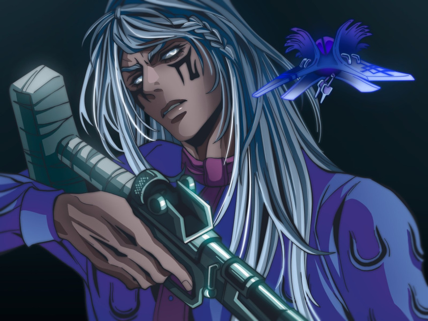 1boy, blank_eyes, blind, braid, cane, facial_mark, gun, highres, jojo_no_kimyou_na_bouken, jongalli_a, long_hair, manhattan_transfer_(stand), mrg_dm, necktie, rifle, side_braid, sniper_rifle, solo, stand_(jojo), stone_ocean, weapon, white_eyes, white_hair
