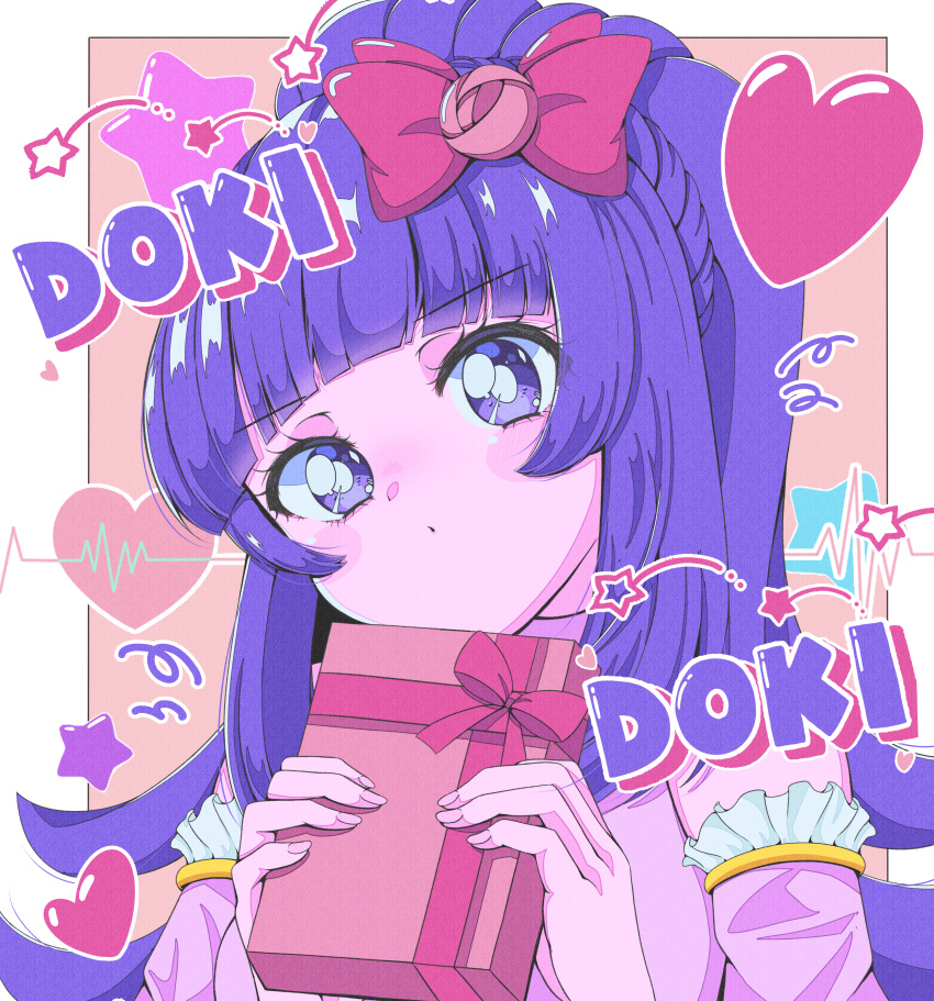 1990s_(style), 1girl, absurdres, blunt_bangs, blush, blush_stickers, border, bow