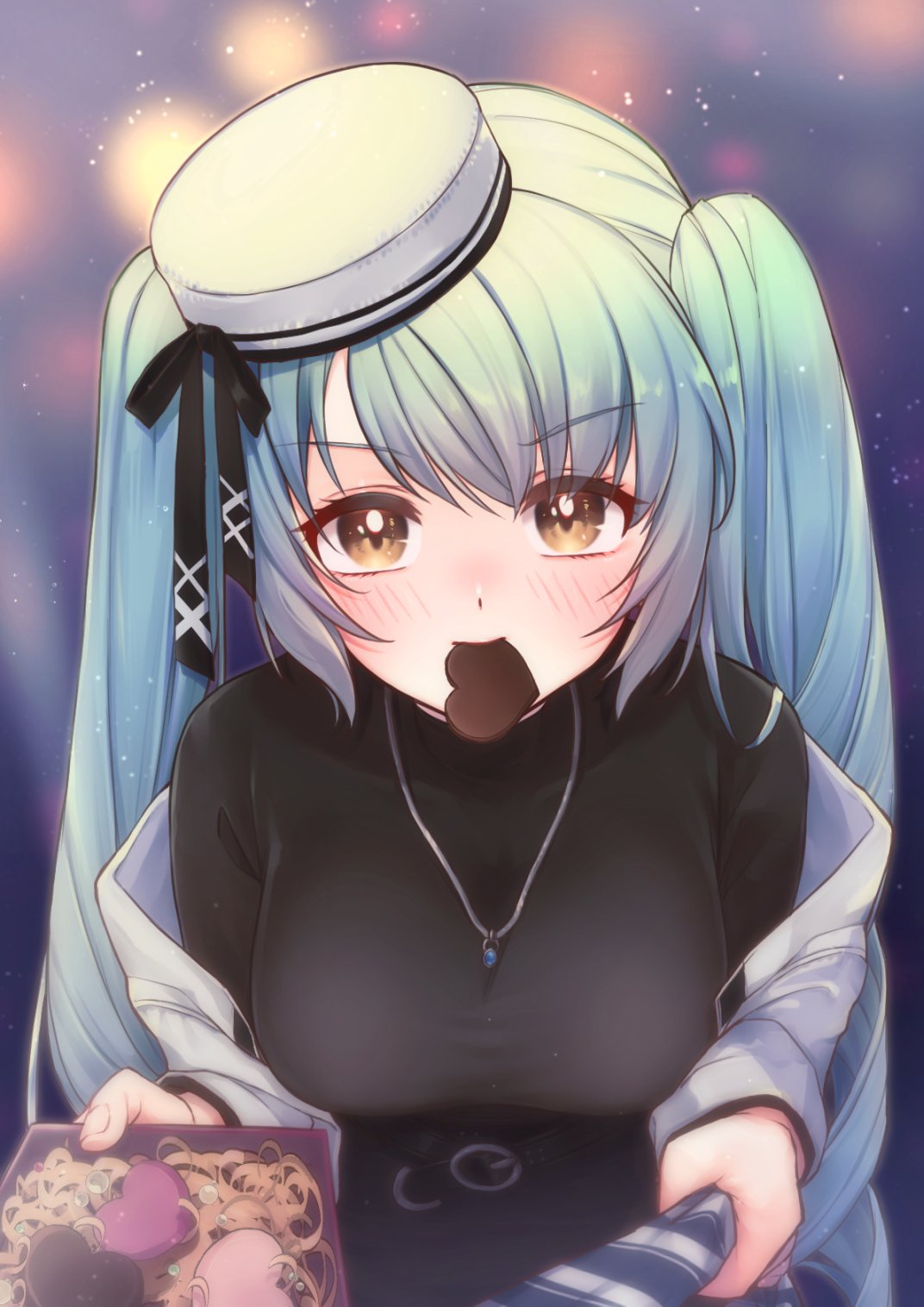 1girl, black_shirt, black_skirt, black_thighhighs, blue_hair, blush, breasts, casual
